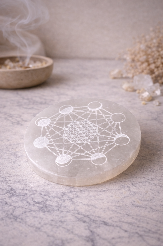 PLACA SELENITA GEOMETRIA SAGRADA -Limpiar piedras o mazos de Tarot - Shop